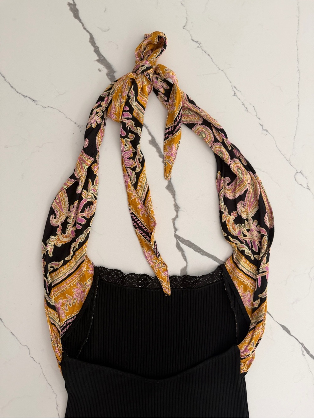 Free People Eyes For U Halter Bodysuit M Black Ribbed Scarf Tie Open Back Boho - Picture 9 of 12